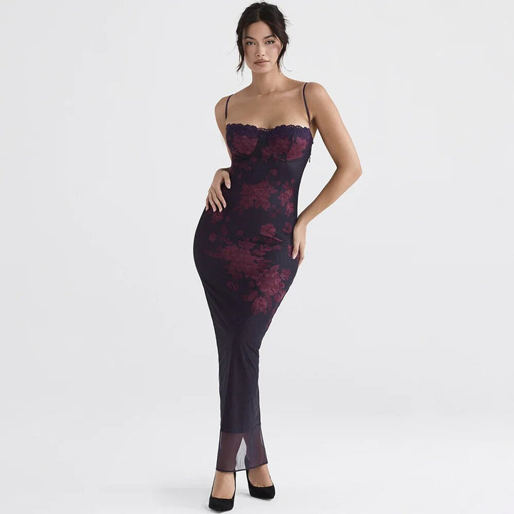 Damen-Maxikleid mit Tierdruck, figurbetontem Schnitt und V-Ausschnitt