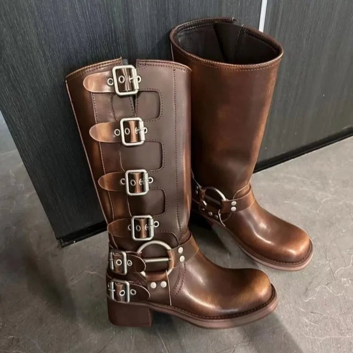 Damen Vintage-Stiefel mit Schnallen und rutschfester Gummisohle