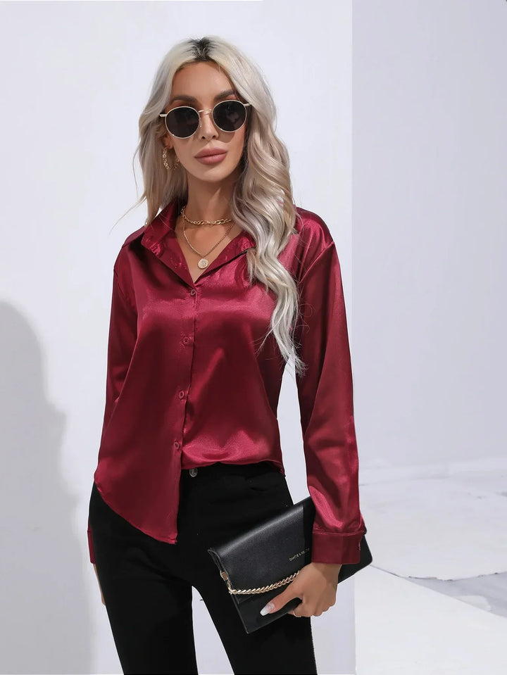 W&W Mode | Elegante Satinbluse Mit V-ausschnitt & Langen Ärmeln
