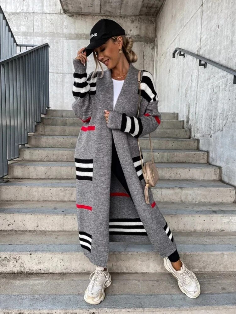 W&W Mode | Lange gestreifte Strickjacke für Damen