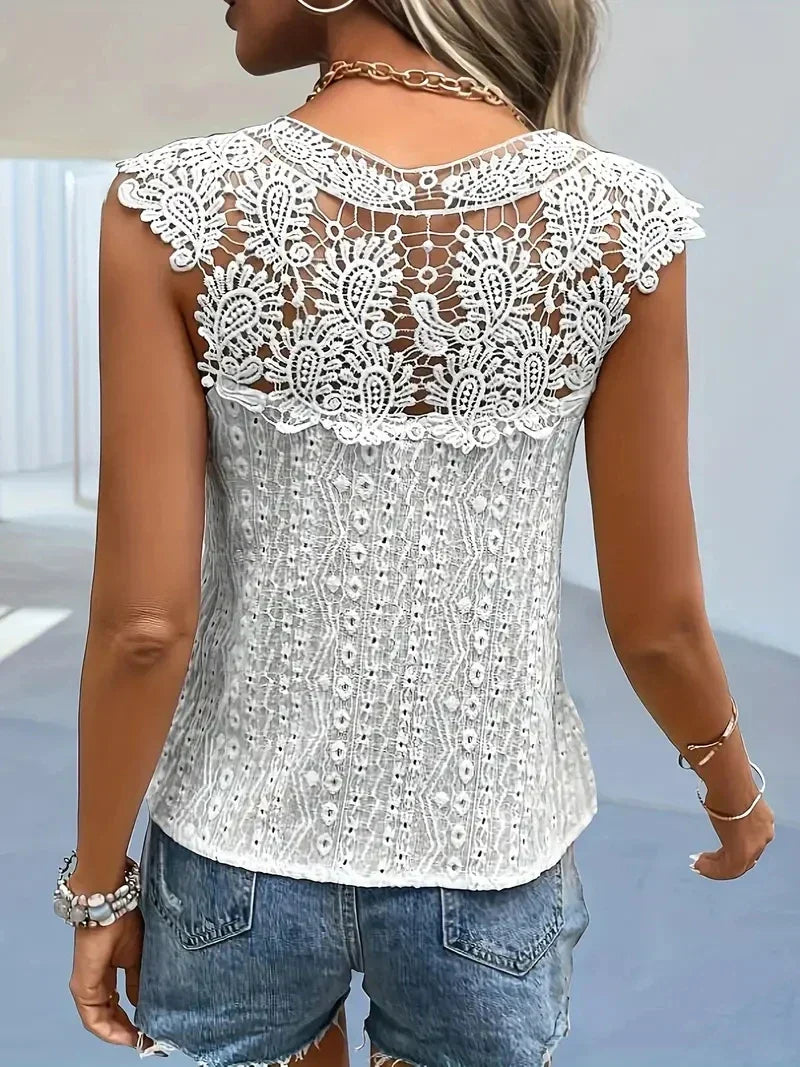 W&W Mode Spitzenshirt | Vintage elegantes ärmelloses V-Ausschnitt Damen Sommer T-Shirt