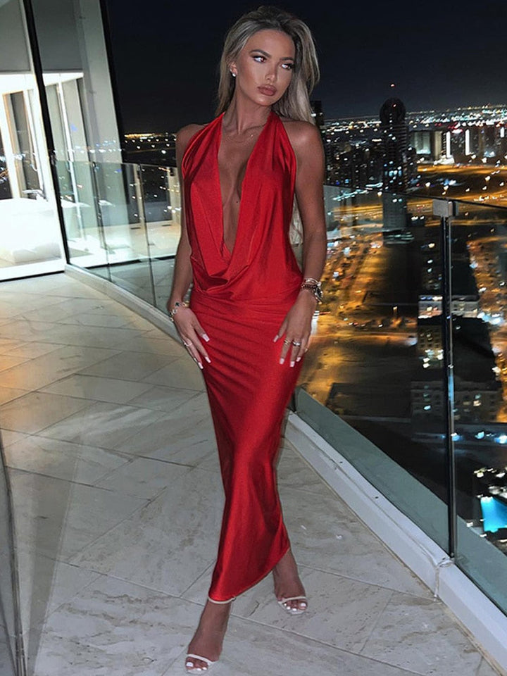 W&W Mode - Sexy langes Kleid mit V-Ausschnitt und Halterneck für Frauen