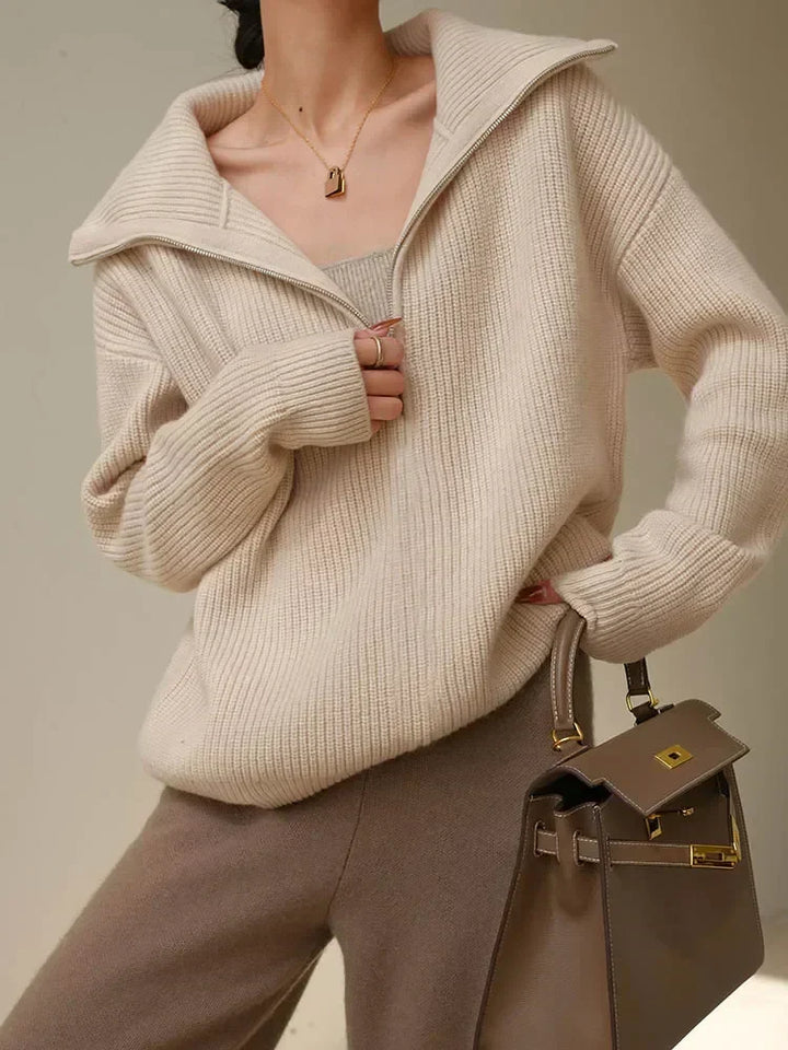 Gestreifter Turtleneck Damenpullover mit Reißverschluss