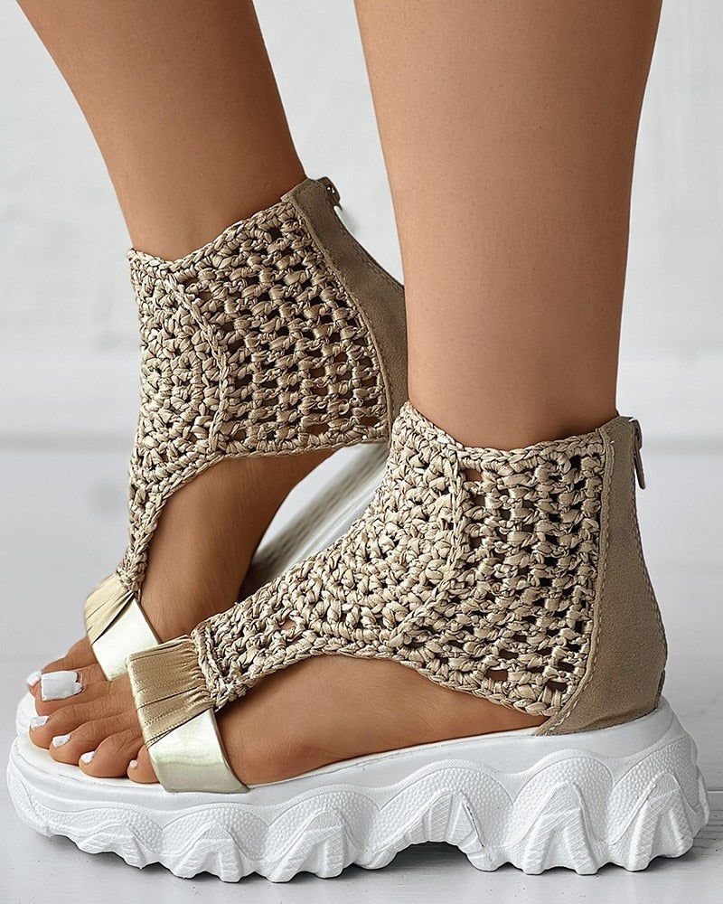 W&W Mode Geflochtene Geometrie-Sandalen | Damen Sommer Keilsandalen