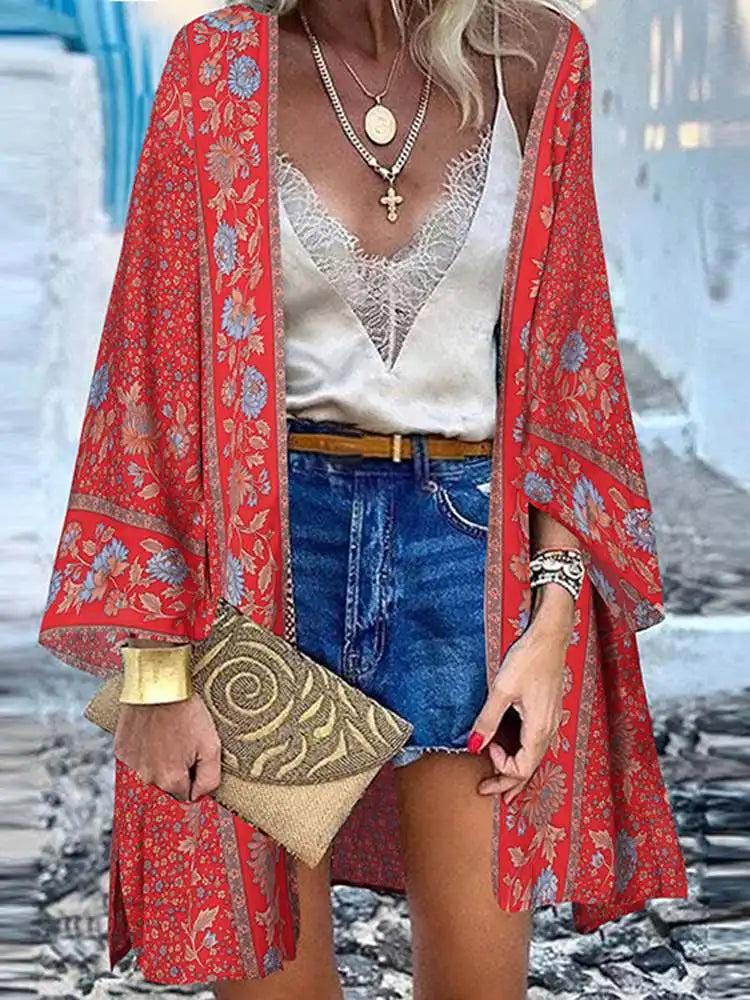 W&W Mode | Sommerlicher Damen Strickjacke Im Boho Stil Mit Buntem Blumenmuster