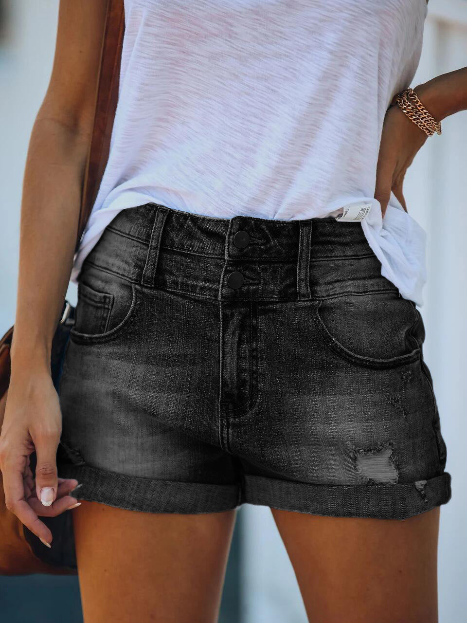 W&W Mode | Damen Denim Shorts Zerrissen Gerollt Stretch Hohe Taille Denim Shorts