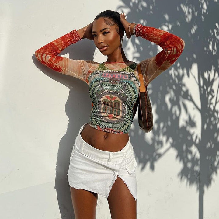 W&W Mode | Langärmliges Mesh-Top mit Tattoo-Print