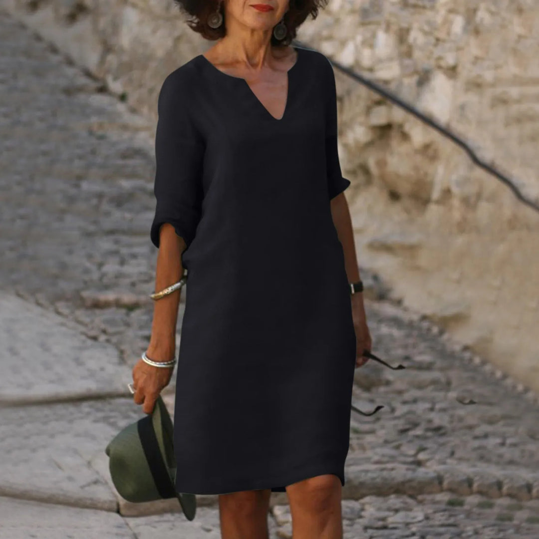 W&W Mode | Damen Baumwoll Leinen V-Ausschnitt Kleid Mit Halben Ärmeln