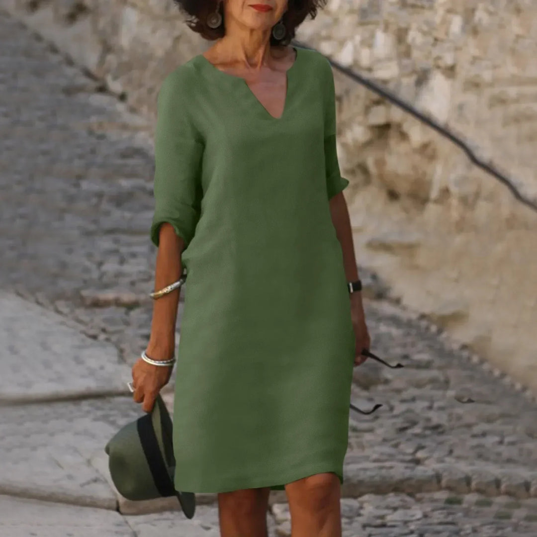 W&W Mode | Damen Baumwoll Leinen V-Ausschnitt Kleid Mit Halben Ärmeln