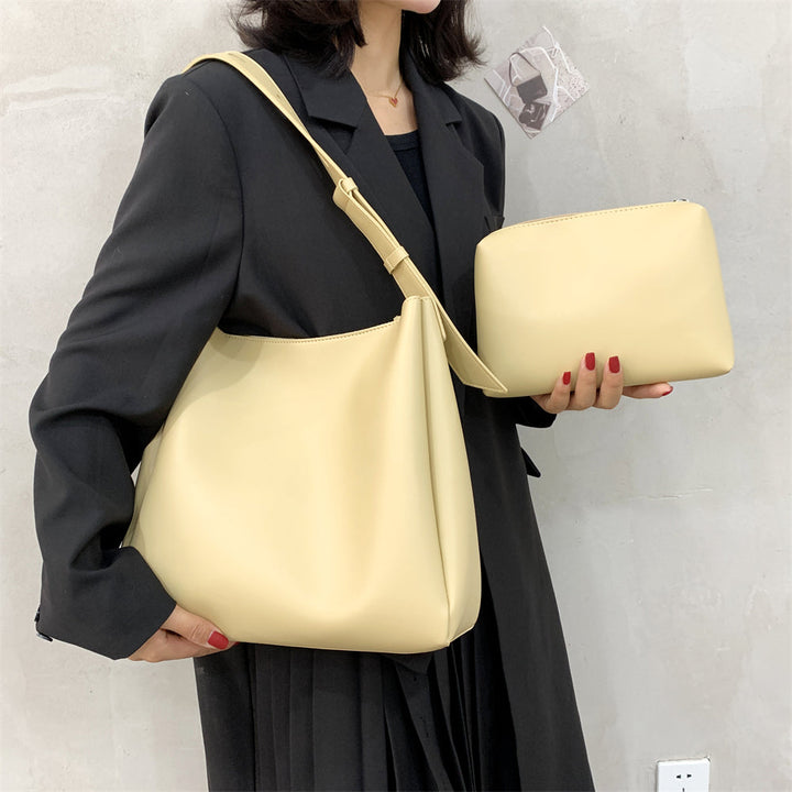 W&W Mode Hochwertige Damen Shopper Große Kapazität Schultertasche Reine Farbe Breiter Riemen Weiches PU-Leder