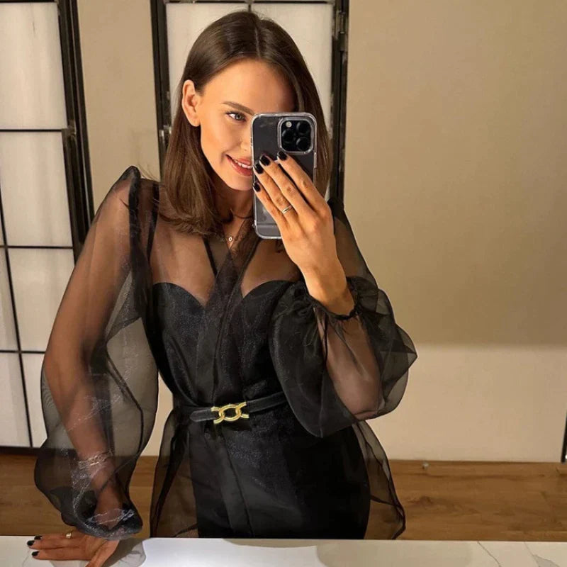 Damen Organza-Bluse mit Bindegürtel und transparentem Stoff