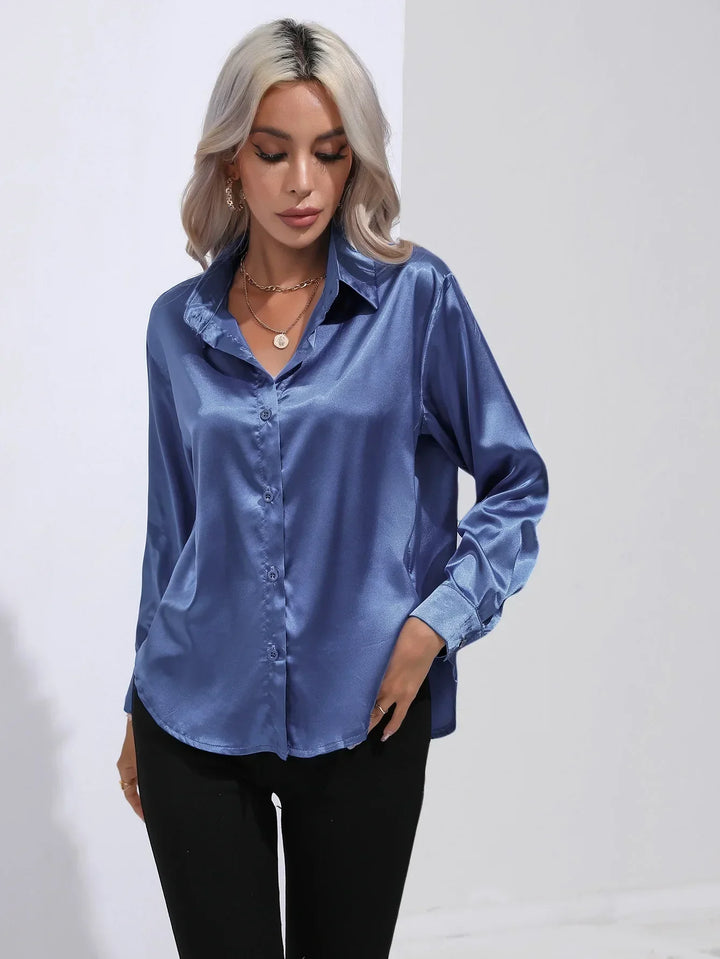 W&W Mode | Elegante Satinbluse Mit V-ausschnitt & Langen Ärmeln
