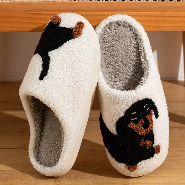 W&W Mode | Damen Slipper Kleine Schwarze Hund Weiche Plüsch Hausschuhe