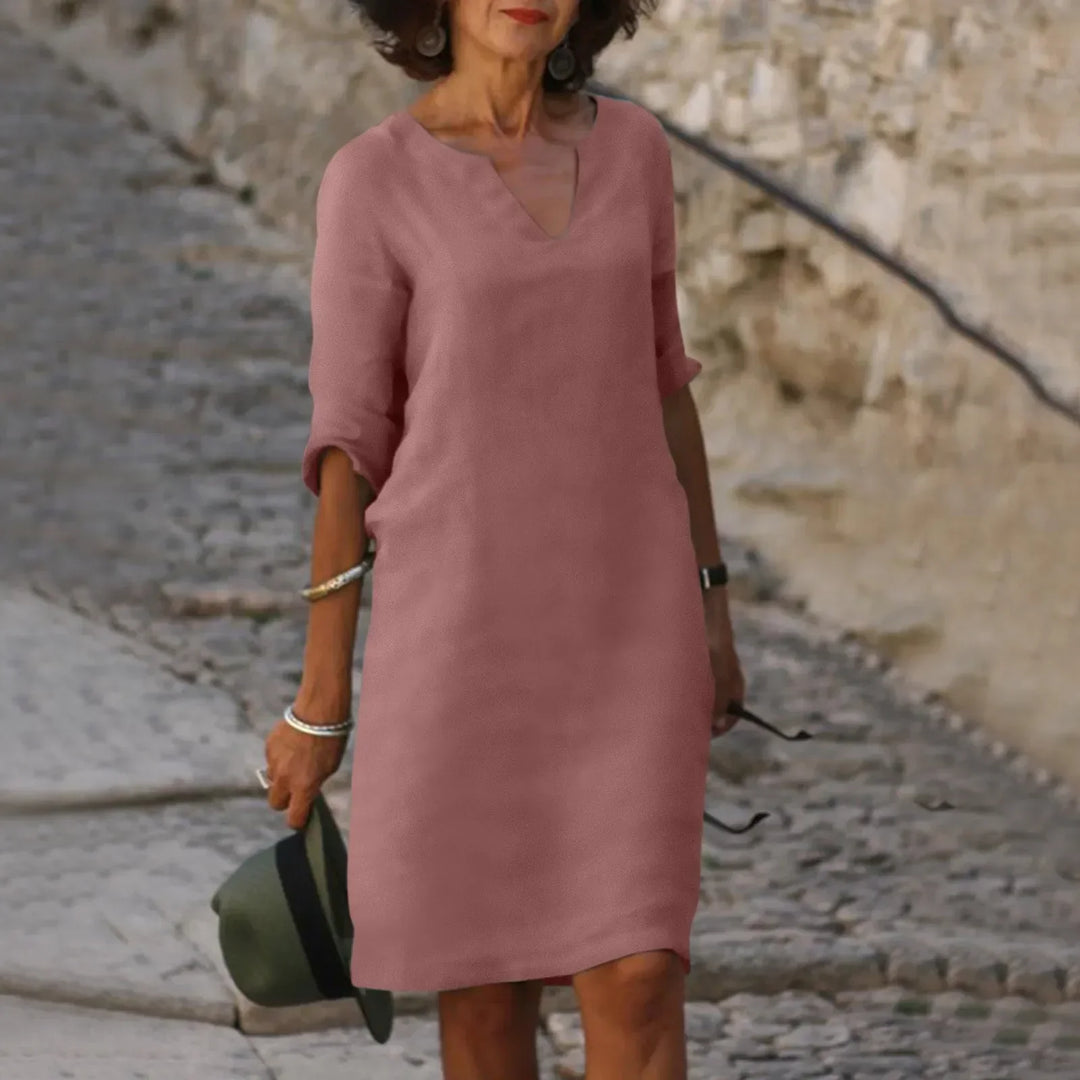 W&W Mode | Damen Baumwoll Leinen V-Ausschnitt Kleid Mit Halben Ärmeln