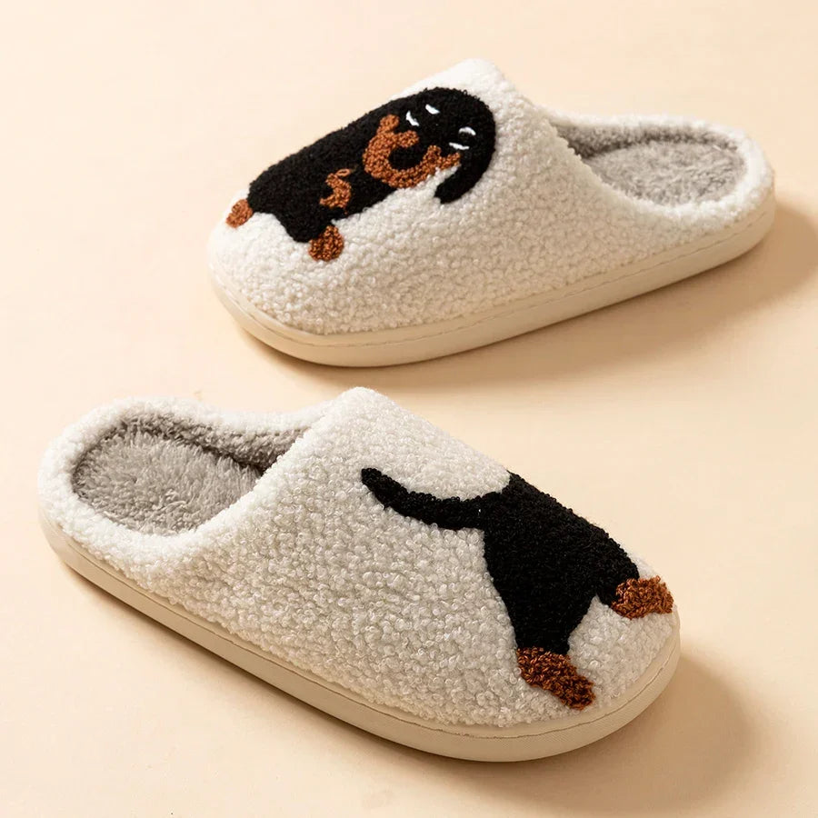 W&W Mode | Damen Slipper Kleine Schwarze Hund Weiche Plüsch Hausschuhe