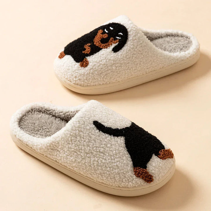 W&W Mode | Damen Slipper Kleine Schwarze Hund Weiche Plüsch Hausschuhe