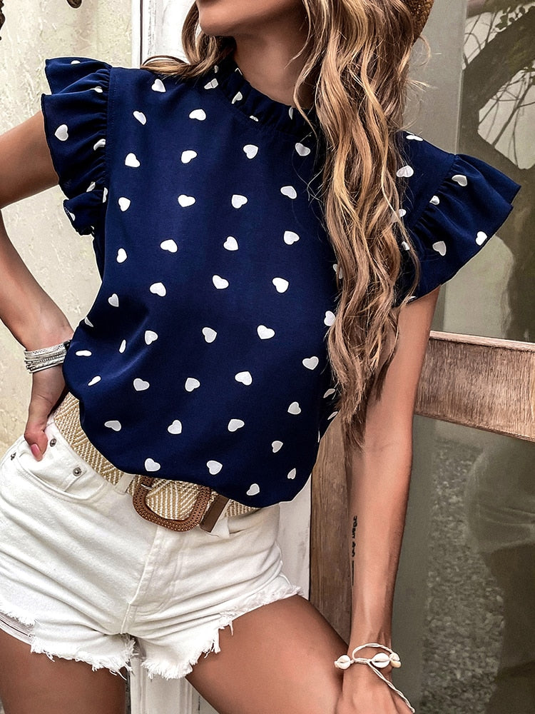 W&W Mode Freizeitbluse | Sommerbluse mit kurzen Ärmeln und Herzdruck