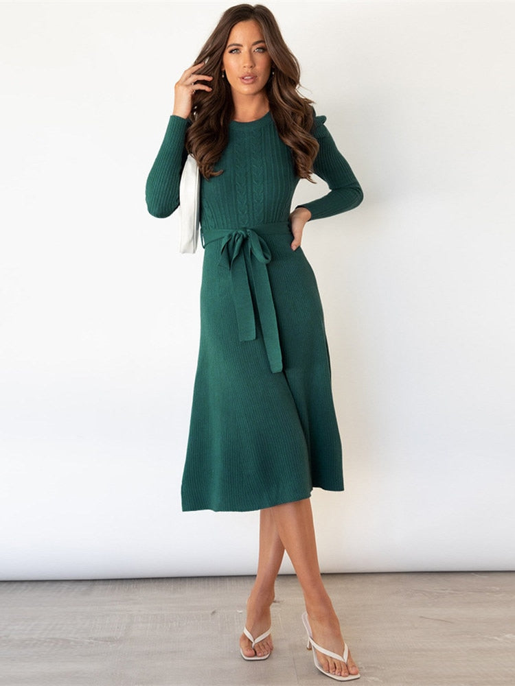 W&W Mode | Elegantes Gestricktes Midi Kleid Mit Gürtel Für Damen