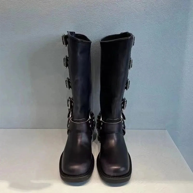 Damen Vintage-Stiefel mit Schnallen und rutschfester Gummisohle