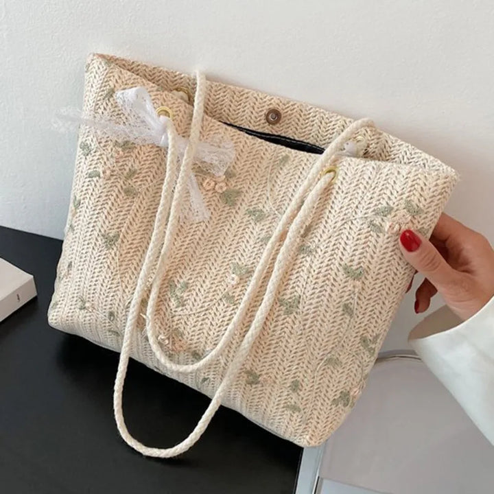 W&W Mode Sommer Tasche | Moderne Damen-Midi-Handtasche mit Blumenprint und Spitzen-Schleife