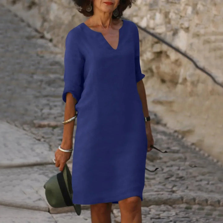 W&W Mode | Damen Baumwoll Leinen V-Ausschnitt Kleid Mit Halben Ärmeln