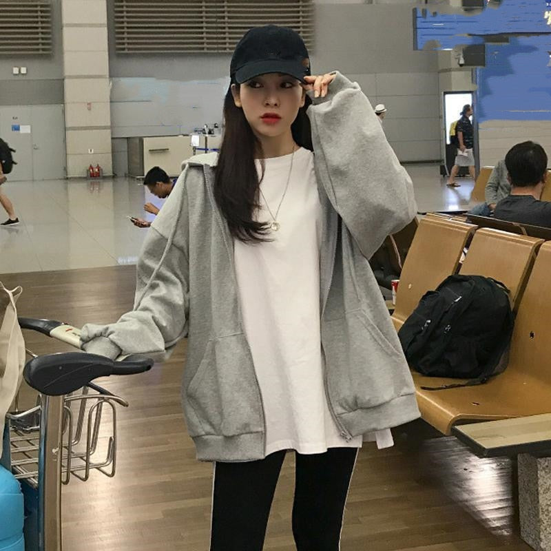 W&W Mode Zip-up Oversized Solid Pocket Hooded Langarm Lose Baseball Jacke