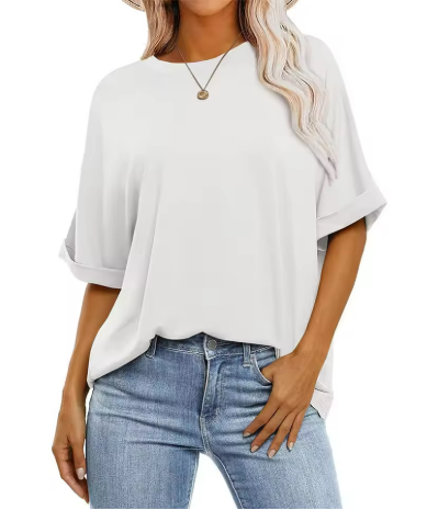 Damen lässiges Oversize-T-Shirt aus strukturierter Baumwolle mit umschlägigen Ärmeln W&W Mode