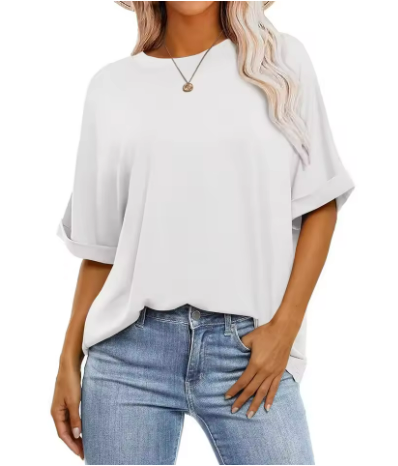 Damen lässiges Oversize-T-Shirt aus strukturierter Baumwolle mit umschlägigen Ärmeln W&W Mode