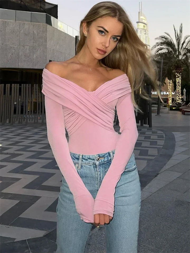 W&W Mode Off-Shoulders Bodysuit | Moderner eleganter plissierter Damen-Bodysuit