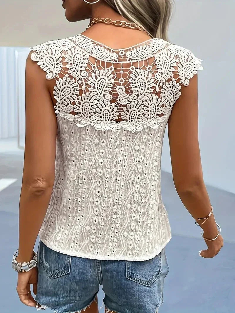 W&W Mode Spitzenshirt | Vintage elegantes ärmelloses V-Ausschnitt Damen Sommer T-Shirt