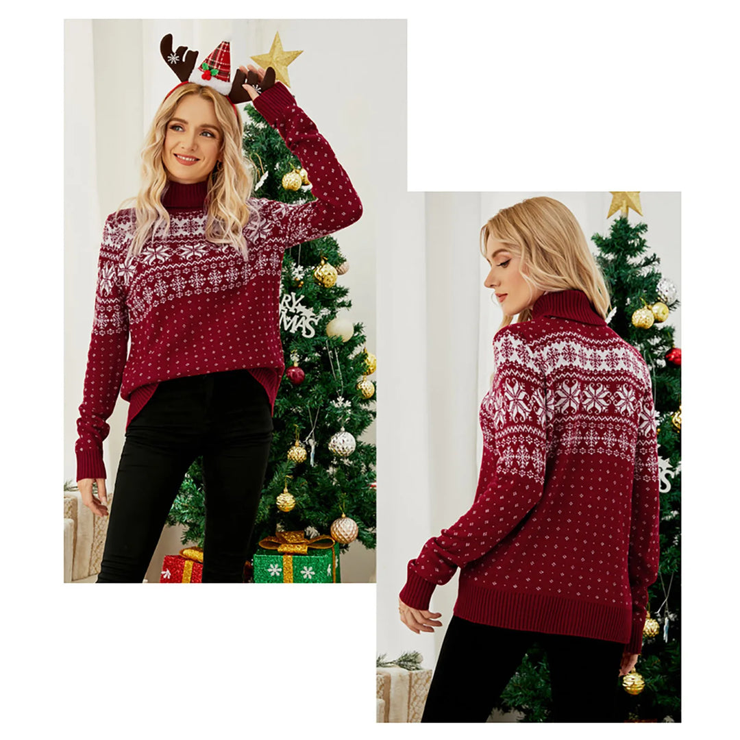 W&W Mode - Hässlicher Weihnachtspulli - Vintage Rollkragenpullover mit Schneeflockenmuster