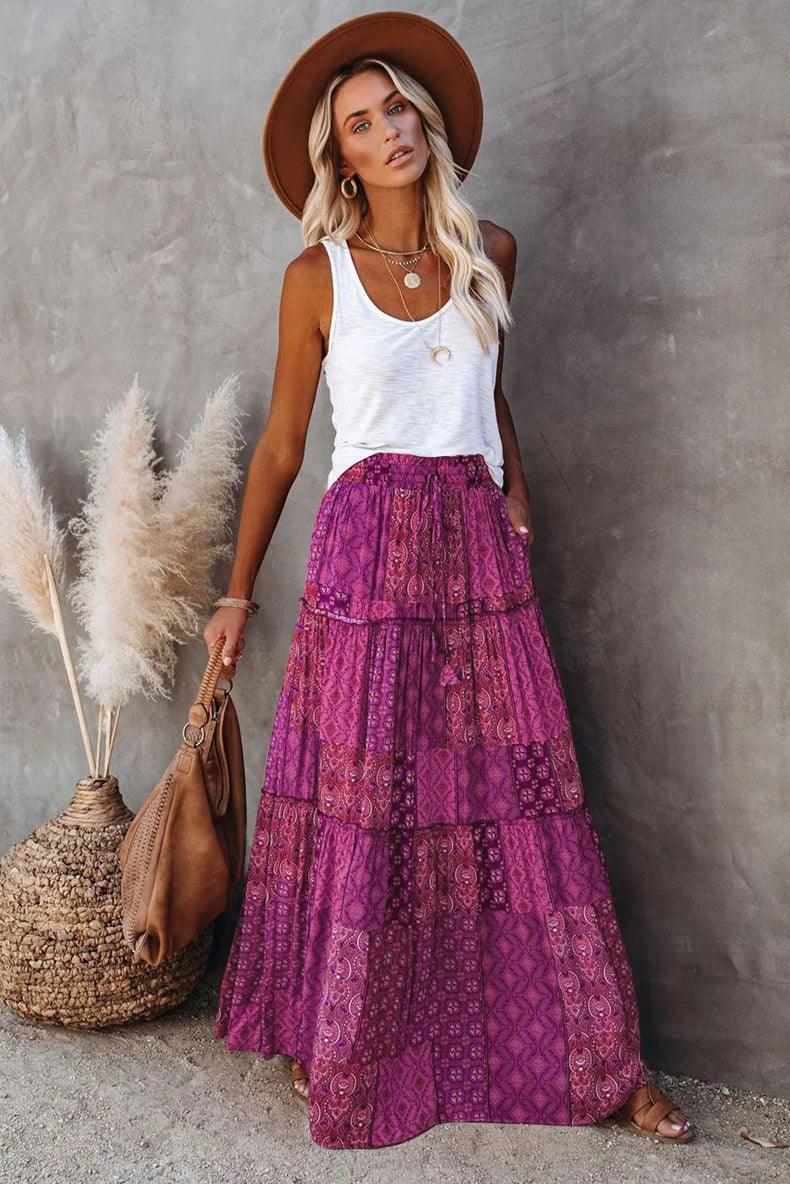 W&W Mode | Hoch Taillierter Langer Bedruckter A-Linien Rock Blumenrock