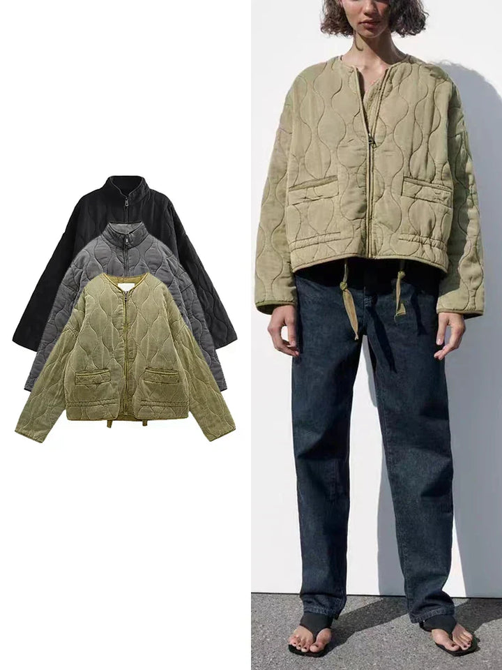 W&W Mode | Gepolsterte Uni-Farbe Reißverschlussjacke