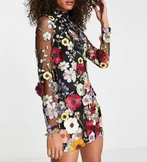 W&W Mode | 3D gesticktes Mesh-Kleid mit Blumen für Damen
