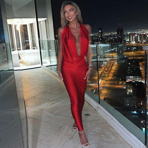 W&W Mode - Sexy langes Kleid mit V-Ausschnitt und Halterneck für Frauen