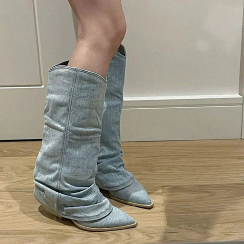 Denim kniehohe Stiefel