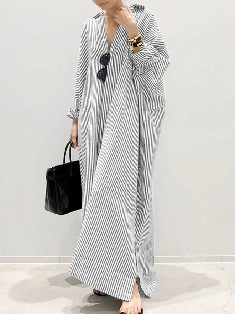 W&W Mode Gestreiftes Kleid | Lässiges oversized Maxi-Kleid mit langen Ärmeln für Damen