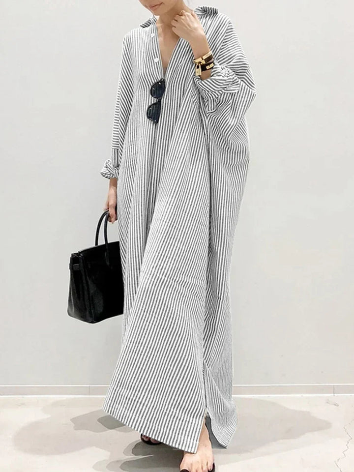 W&W Mode Gestreiftes Kleid | Lässiges oversized Maxi-Kleid mit langen Ärmeln für Damen