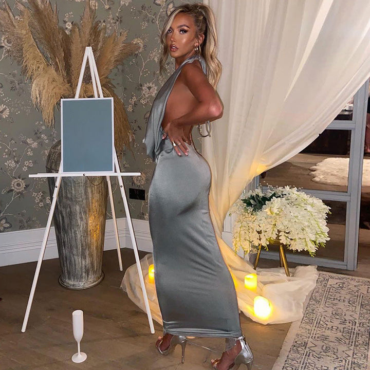 W&W Mode - Sexy langes Kleid mit V-Ausschnitt und Halterneck für Frauen