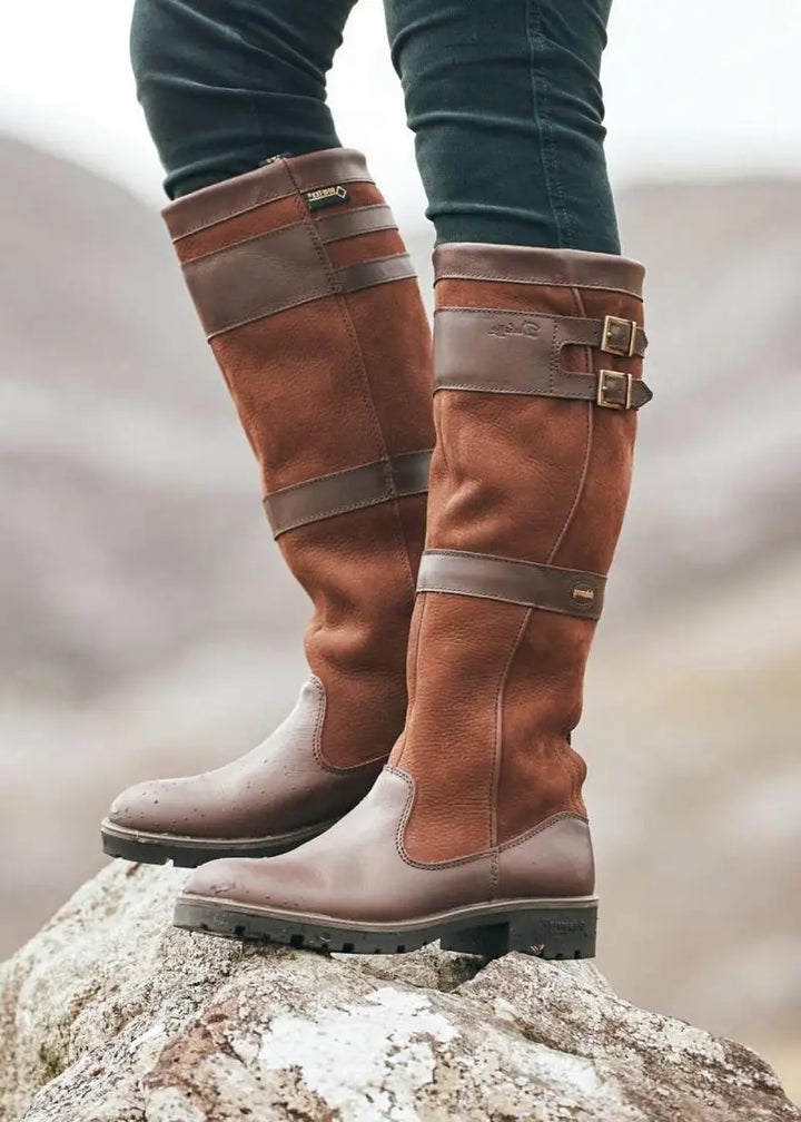 W&W Mode | Outdoor-Stiefel mit hohem Schaft und Schnallen - Leder-Regenstiefel für Damen
