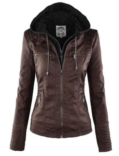 W&W Mode Lederimitat Mantel | Damen Kapuzenjacke: Basic PU-Jacke