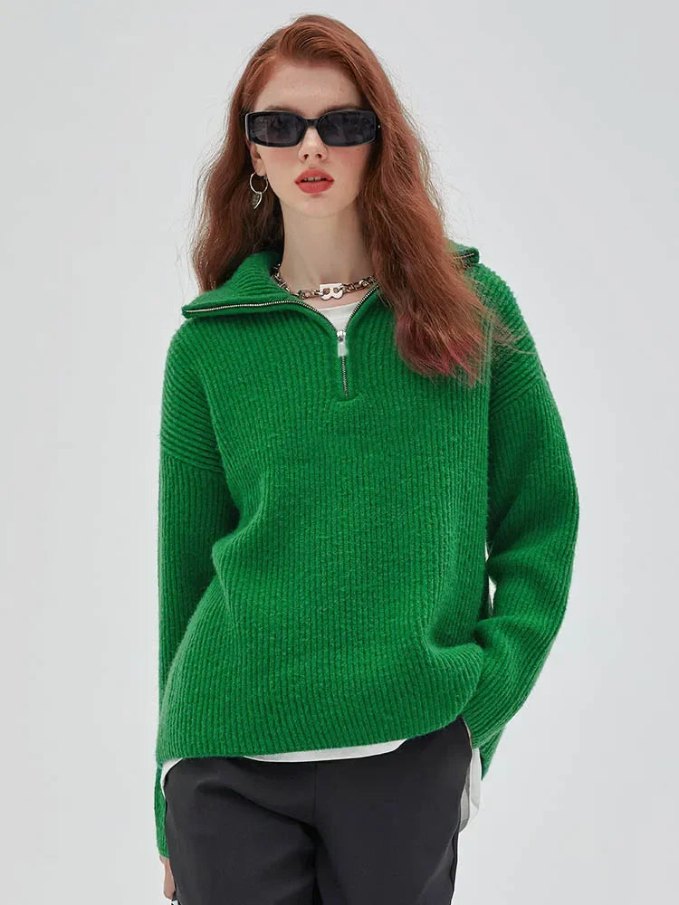 Gestreifter Turtleneck Damenpullover mit Reißverschluss