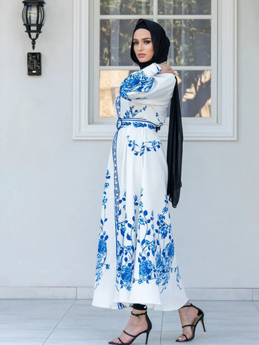 W&W Mode Blumenmuster-Kleid | Maxikleid mit langen Ärmeln und Blumendruck, mit Gürtel