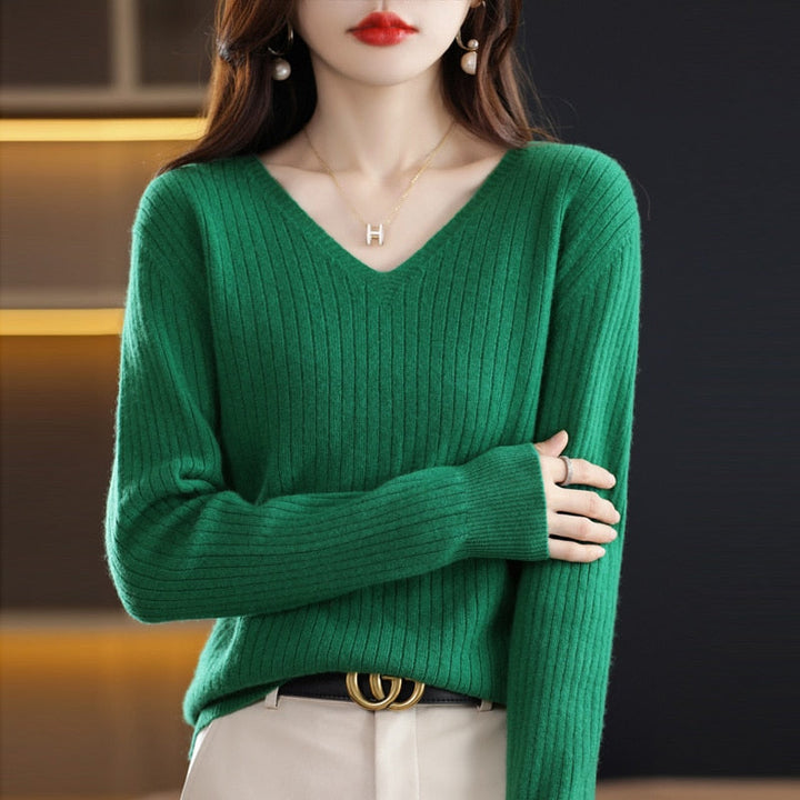 W&W Mode - Strickpullover mit V-Ausschnitt - Damen Elegant Gemusterter Pullover