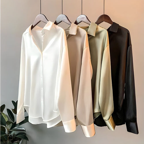 W&W Mode | Langärmelige Button-Up Satin Bluse für Frauen