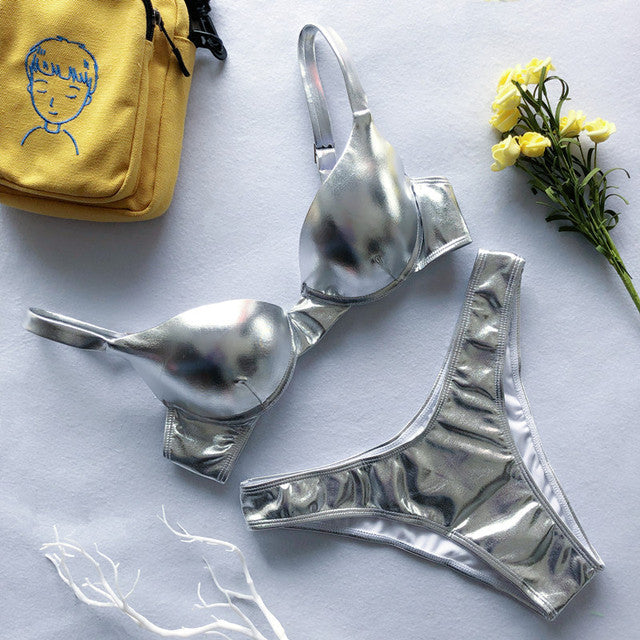 W&W Mode | Glänzendes Metallic Push up Bikinisatz Für Damen