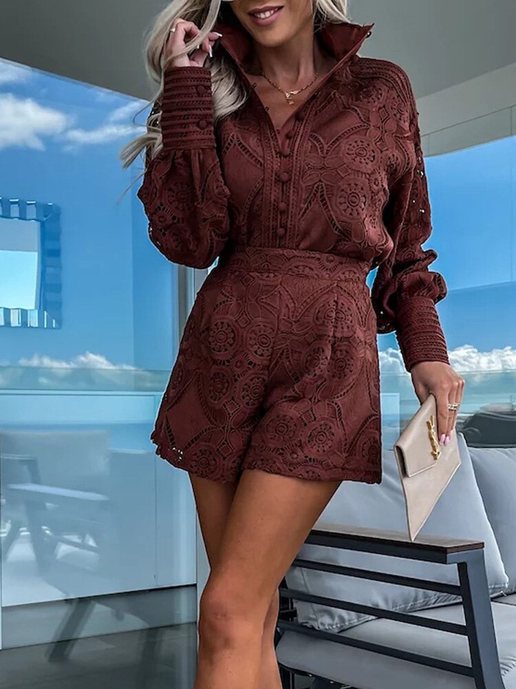 W&W Mode | Hohle Spitzenbluse Und Shorts Satz