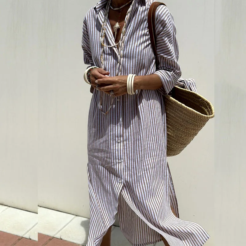 W&W Mode | Elegantes Gestreiftes Hemdkleid Für Frauen