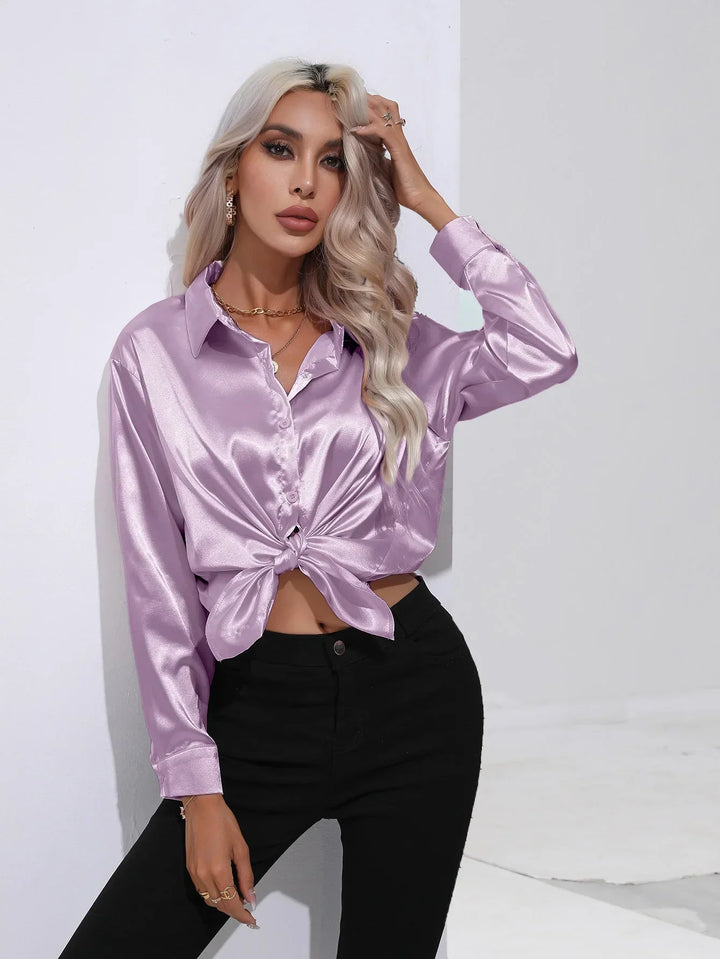W&W Mode | Elegante Satinbluse Mit V-ausschnitt & Langen Ärmeln