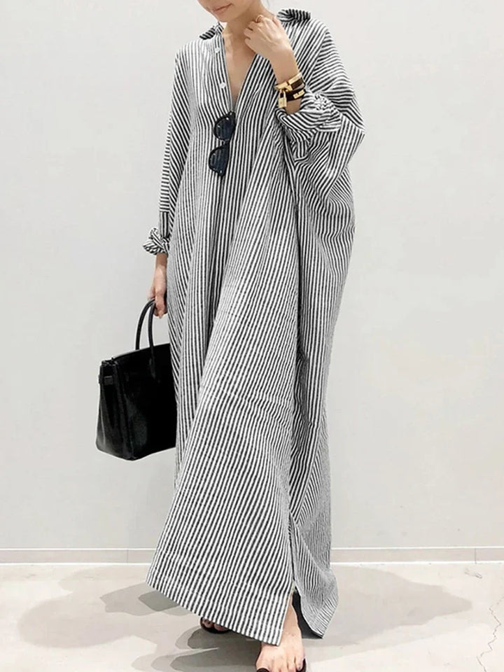 W&W Mode Gestreiftes Kleid | Lässiges oversized Maxi-Kleid mit langen Ärmeln für Damen